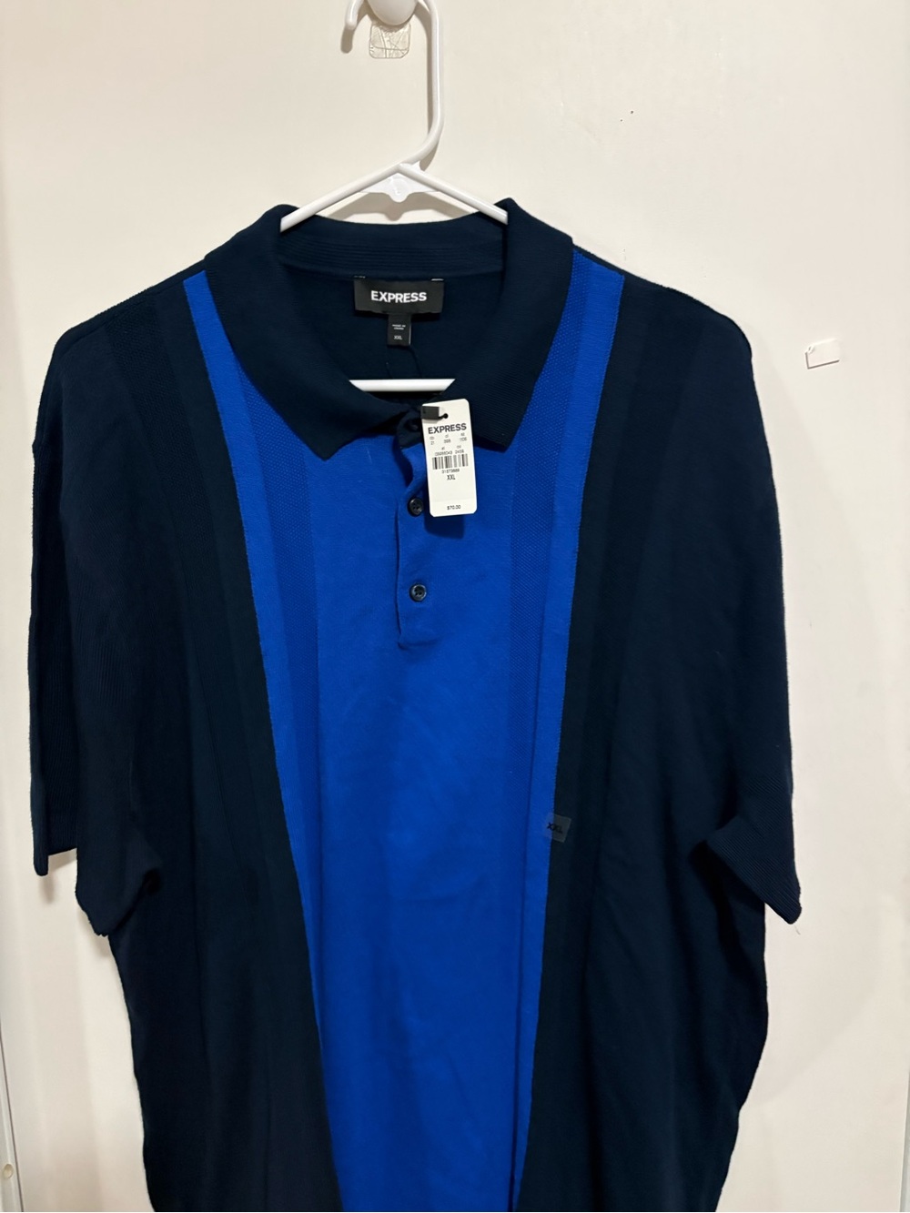 NEW Express Knit Color block Polo Shirt Mens XXL Blue Short Sleeve Button Up - Picture 2 of 7